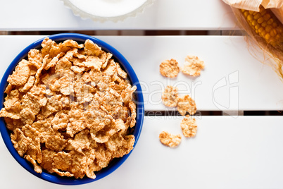 Cornflakes in a blue bowl
