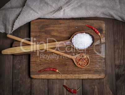 wooden spoon with white large salt and spices