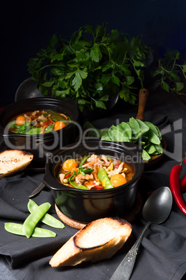 strips of pork  with sugar peas and other vegetables