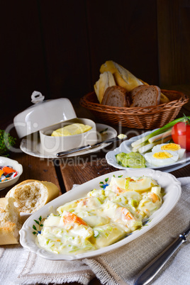 Rustic spring egg salad with leek