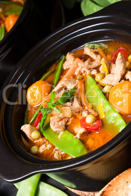 strips of pork  with sugar peas and other vegetables