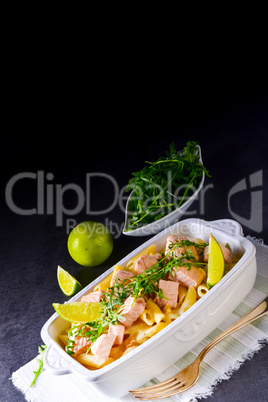 Salmon with penne noodle and arugula