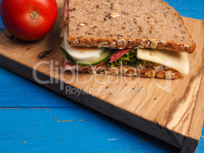 Tasty sandwich on a blue table