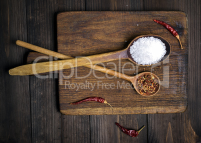 wooden spoon with white salt and spices