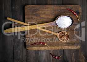 wooden spoon with white salt and spices