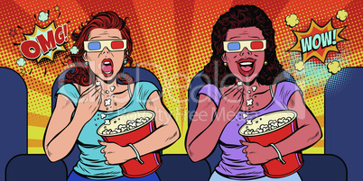 Two women with 3D glasses react differently to the movie. laughs and fears