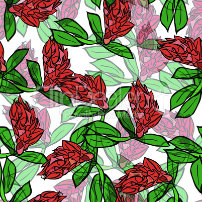 branch with red flowers and green leaves, seamless pattern