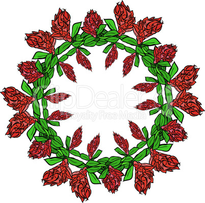 round wreath of red flowers and green leaves