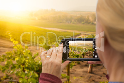 Woman Taking Pictures of A Grape Vineyard with Her Smart Phone