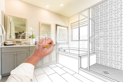 Hand Drawing Custom Master Bathroom with Cross Section of Finish