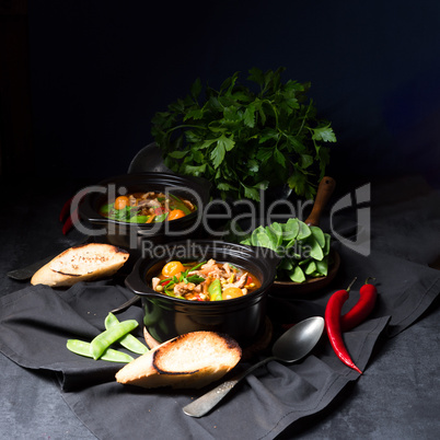 strips of pork  with sugar peas and other vegetables