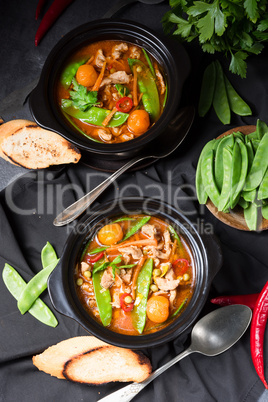 strips of pork  with sugar peas and other vegetables