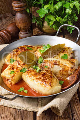 baked cabbage rolls in tomato sauce