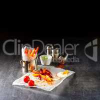 vegetable French fries with herb quark and tomatoes
