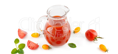 Fresh tomato juice and tomatoes isolated on white background. Fl