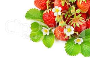 Strawberries and green leaves isolated on white background.