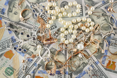 Paper Money and Jewelry. Flat lay, top view.