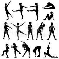 Elegant women silhouettes doing fitness exercises. Fitness club