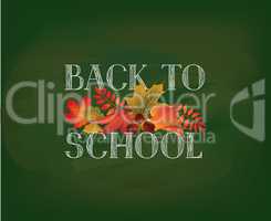 Back to school. Banner with  autumn leaves over green chalkboard