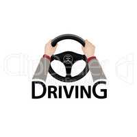 Drive a car sign. Diver design element with hands holding steeri