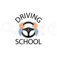 Driving school sign. Diver design element with hands holding ste