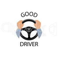 Good driver sign. Diver design element with hands holding steeri