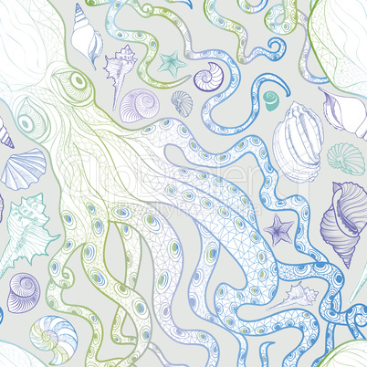 Seashell and octopus seamless pattern. Summer holiday marine bac