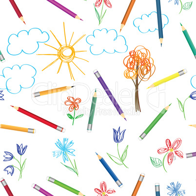 Kid art work pattern. Colorful pencils drawing  pattern. Seamles