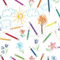 Kid art work pattern. Colorful pencils drawing  pattern. Seamles