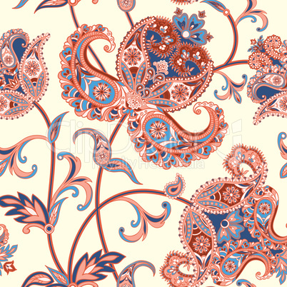 Floral tiled pattern. Flourish retro background. Curved tree bra