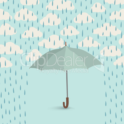 Umbrella over rain. Rainy cloudy sky pattern. Autumn rain backgr