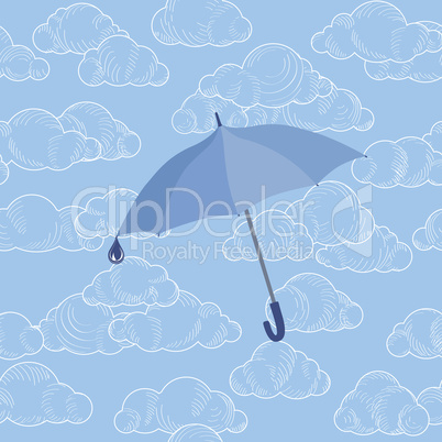 Umbrella over cloudy sky. Clouds seamless pattern April sowers.
