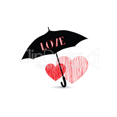 Love heart sign over umbrella protection. Two hearts in love ico