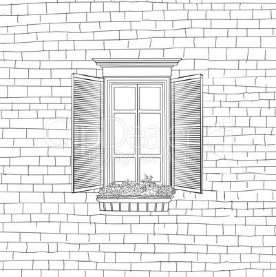 House with classical window engraving background. Shabby brick w
