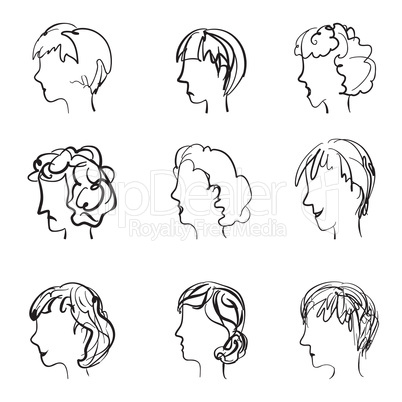 Faces profile with different expressions in retro sketch style.
