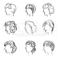 Faces profile with different expressions in retro sketch style.