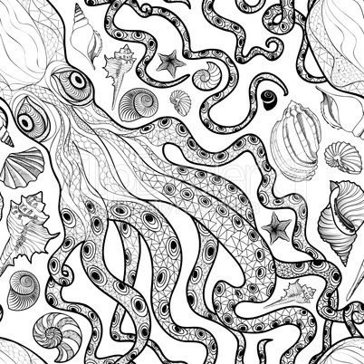 Octopus and seashell seamless pattern. Sea mollusk ornament. Mar