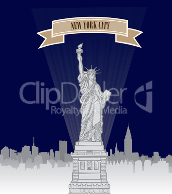 New York, USA skyline. NYC city silhouette with Liberty monument