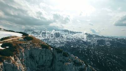 Aerial panoramic view of observation deck 5 Fingers in the mountains in Austria, Obertraun