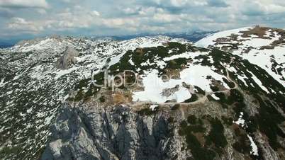 Aerial panoramic view of observation deck 5 Fingers in the mountains in Austria, Obertraun. In the background beautiful scenic nature