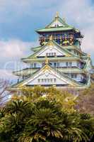 Medieval Osaka castle in Japan front view