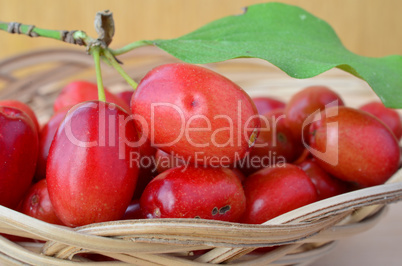 Organic red Cornelian cherries in a basket, close up