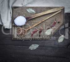 wooden spoon with white large salt and spices