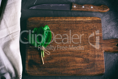 old brown wooden cutting board with handle and bunch with green