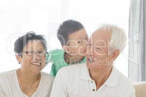 Grandchild kissing grandparents