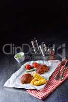 vegetable French fries with herb quark and tomatoes