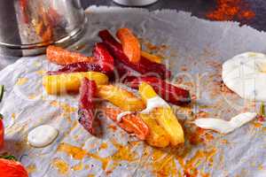 vegetable French fries with herb quark and tomatoes