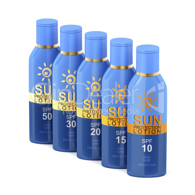 Sunscreen lotions on white background