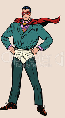 Funny businessman superhero in shorts