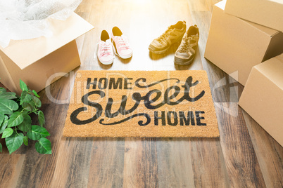 Home Sweet Home Welcome Mat, Moving Boxes, Women and Male Shoes